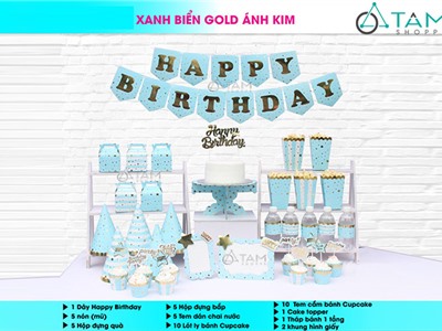 Bộ trang trí sinh nhật cho bé tông Xanh biển Gold ánh kim số 14